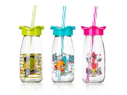 láhev na pití 250ml s brčkem sklo/PH   mix dekorů