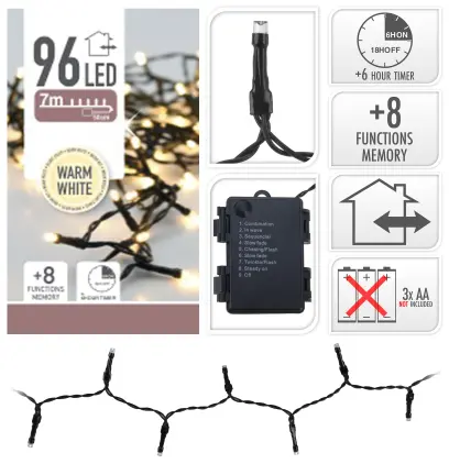 osvětlení vánoční  7m  96LED teplá BÍ, 8 funkcí, ZE IP44