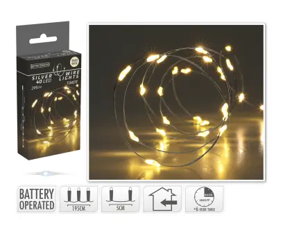 osvětlení vánoční 1,95m 40LED teplá BÍ, drát, s časovačem, IP44