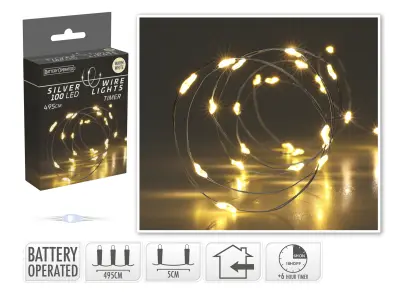 osvětlení vánoční 4,95m 100LED teplá BÍ, drát, s časovačem, IP44