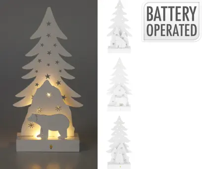 dekorace STROM S MEDVĚDEM 6LED, 34cm BÍ dřevo mix