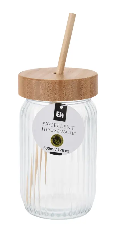 sklenice 500ml s víčkem, brčkem bambus/sklo