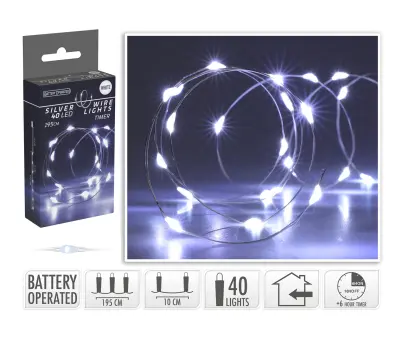 osvětlení vánoční 1,95m 40LED studená BÍ, drát, s časovačem
