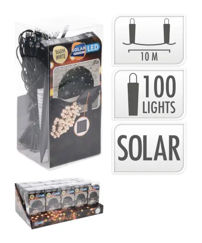 osvětlení vánoční solární 2,0m 100LED teplá BÍ, drát