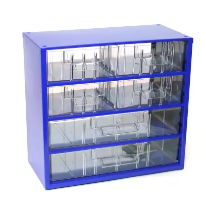 skříňka 2 velikosti 4 stř.,2 vel.zásuvky 30,5x28x15,5cm kov.MO