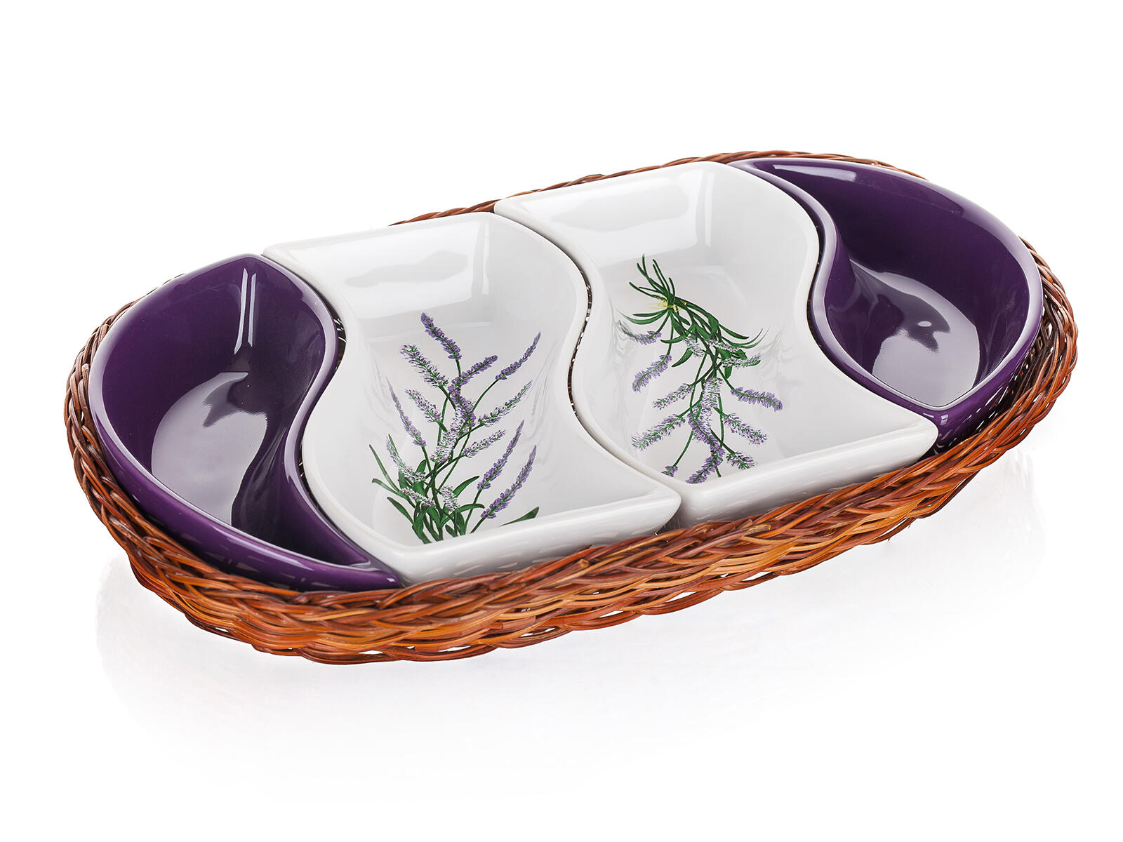 miska sada 4díl. 30,5x18,5cm LAVENDER, v košíku, keramika/proutí