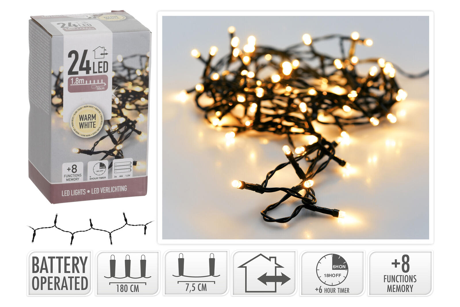 osvětlení vánoční  1,8m 24LED teplá BÍ, 8 funkcí s časovačem 0.07 Kg MTA MAXMIX Sklad14 385775
