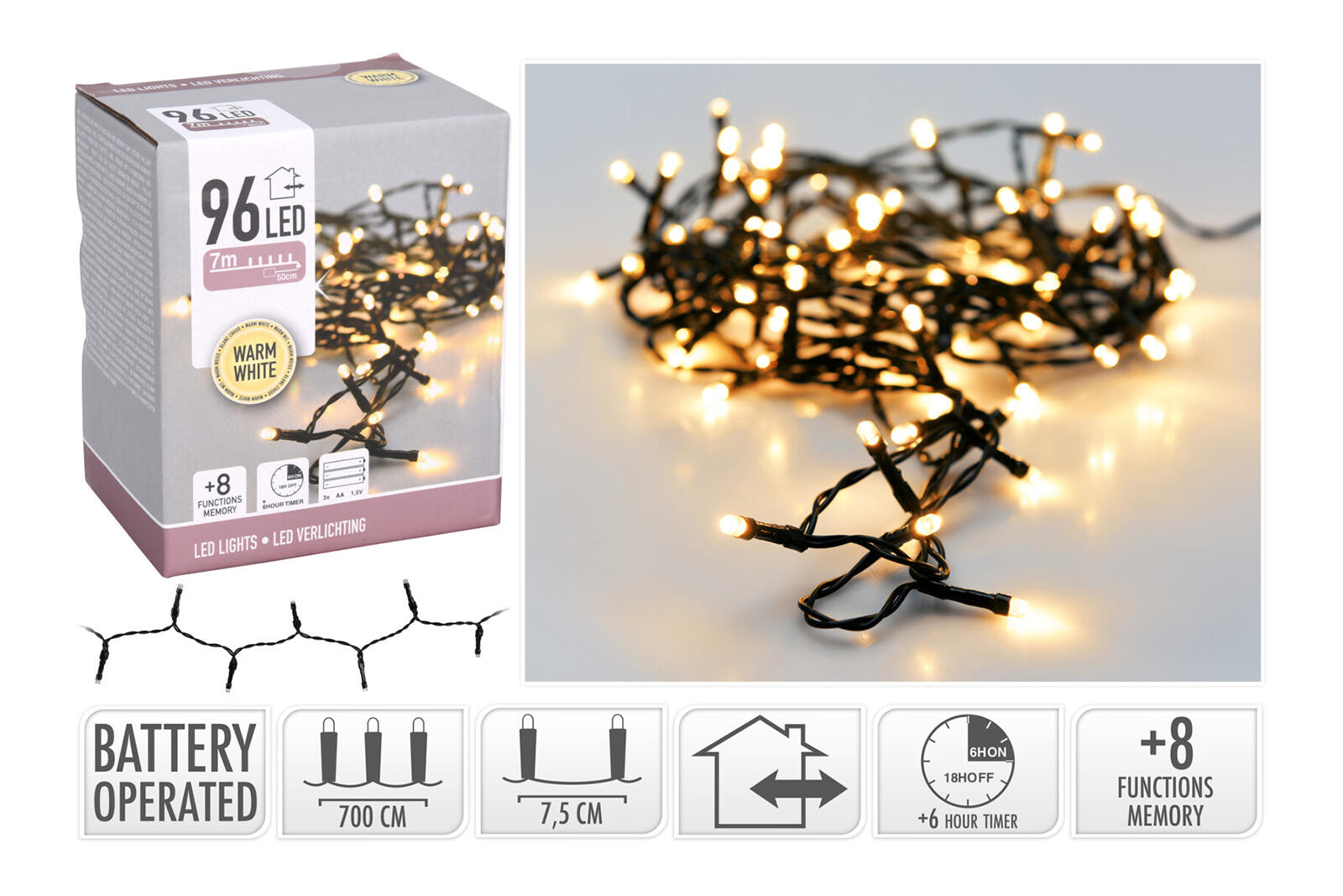 osvětlení vánoční  7m  96LED teplá BÍ, 8 funkcí, ZE IP44 0.1 Kg MTA MAXMIX Sklad14 385776 8719202261851