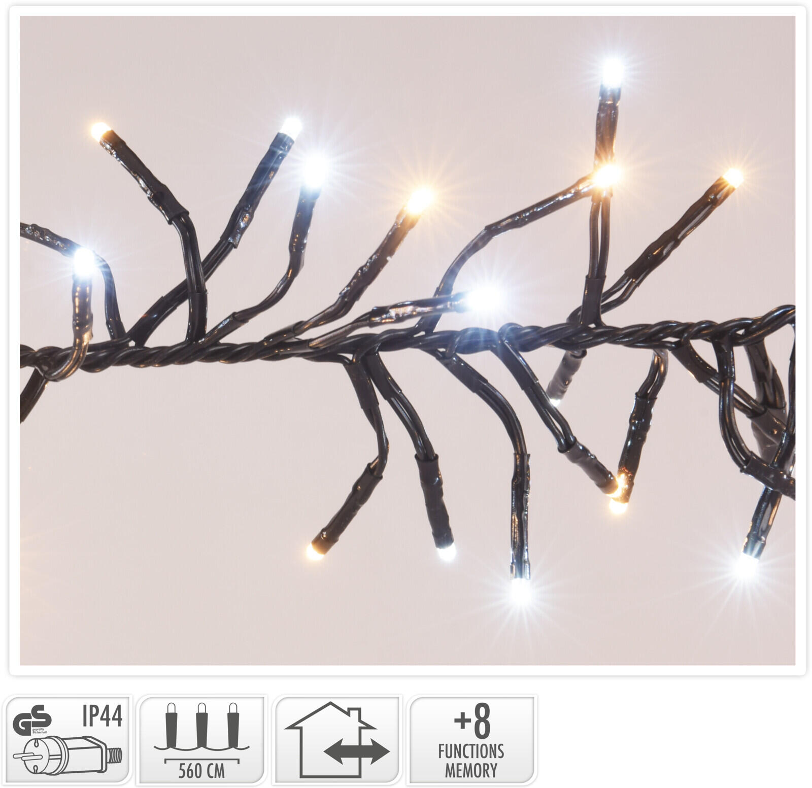 osvětlení vánoční  5,6m 768LED studená+teplá BÍ, 8 funkcí, ČER