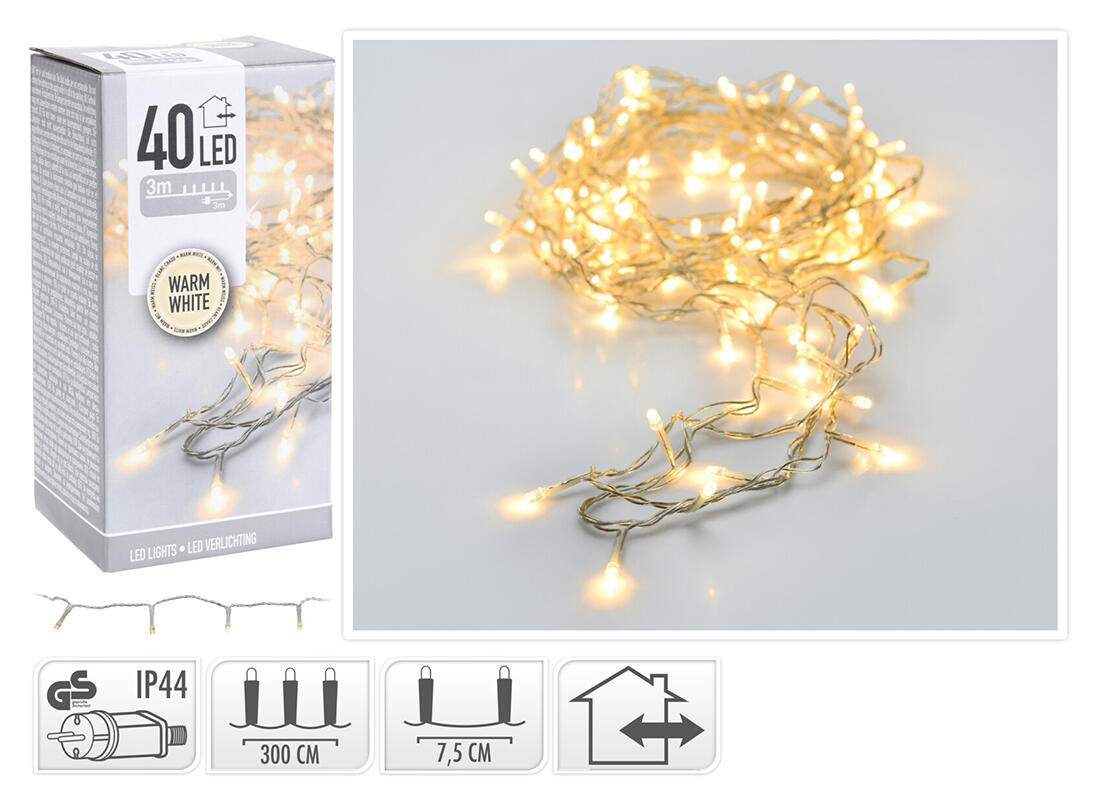 osvětlení vánoční  3m 40LED teplá BÍ, TRA drát