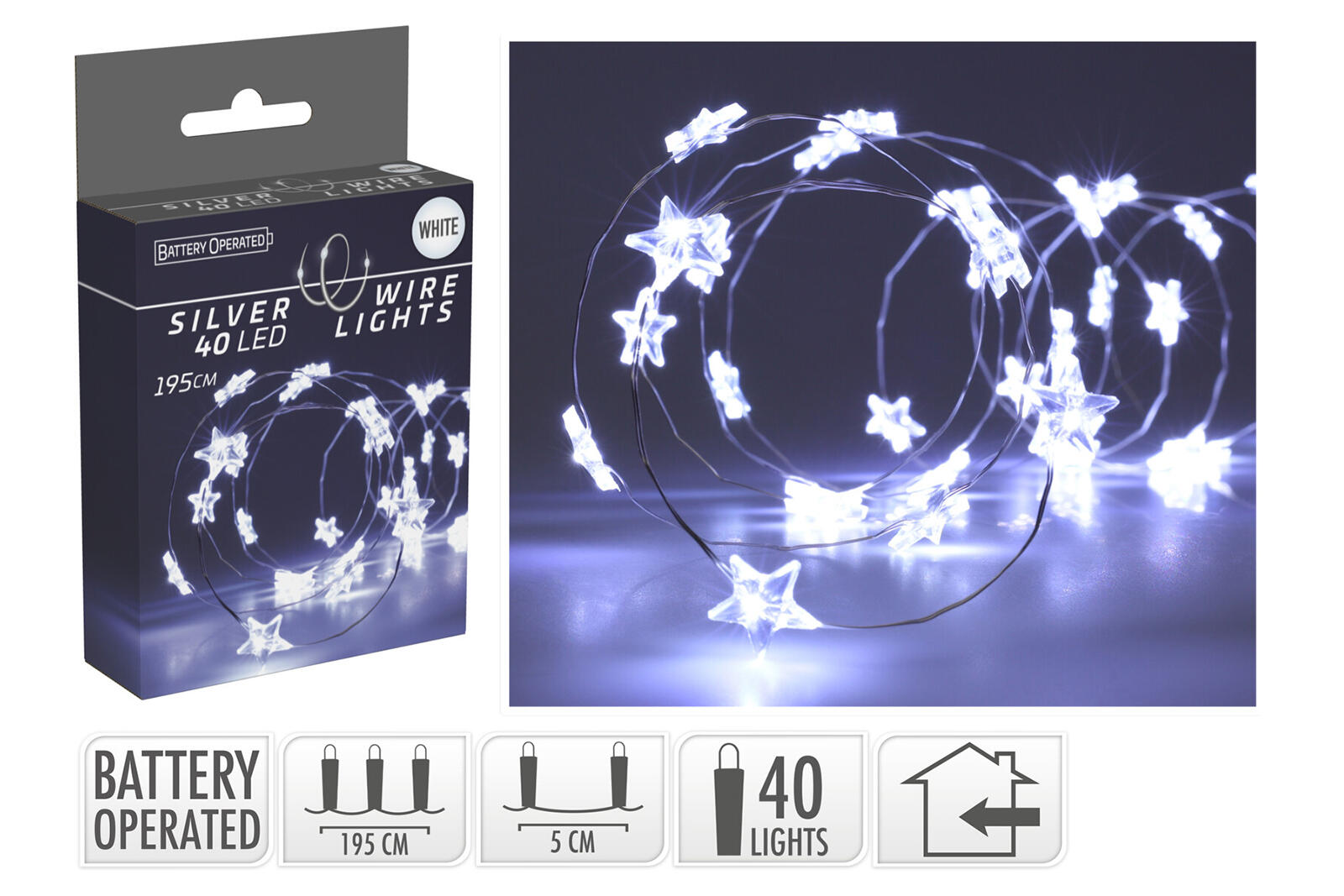 osvětlení vánoční  1,95m 40LED studená BÍ, drát, HVĚZDY 0.04 Kg MTA MAXMIX Sklad14 386921 8720573662390