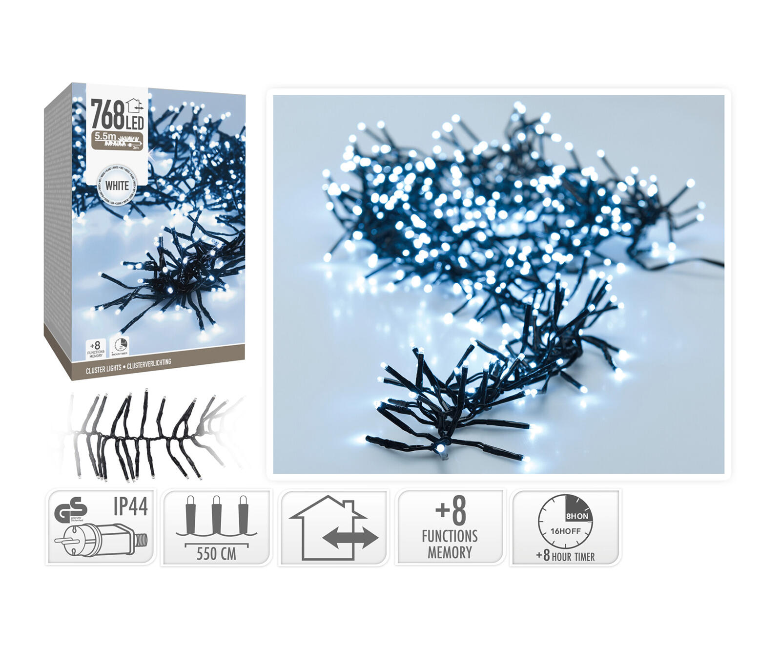 osvětlení vánoční  5,5m 768LED studená BÍ, 8 funkcí, IP44, s časovačem 0.6 Kg MTA MAXMIX Sklad14 387333 8720573812801