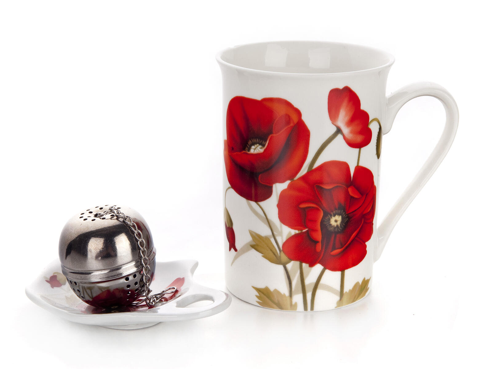 hrnek 340ml RED POPPY,tácek keramický,čajítko nerez sada 3díl. 0.36 Kg MTA MAXMIX Sklad14 287750
