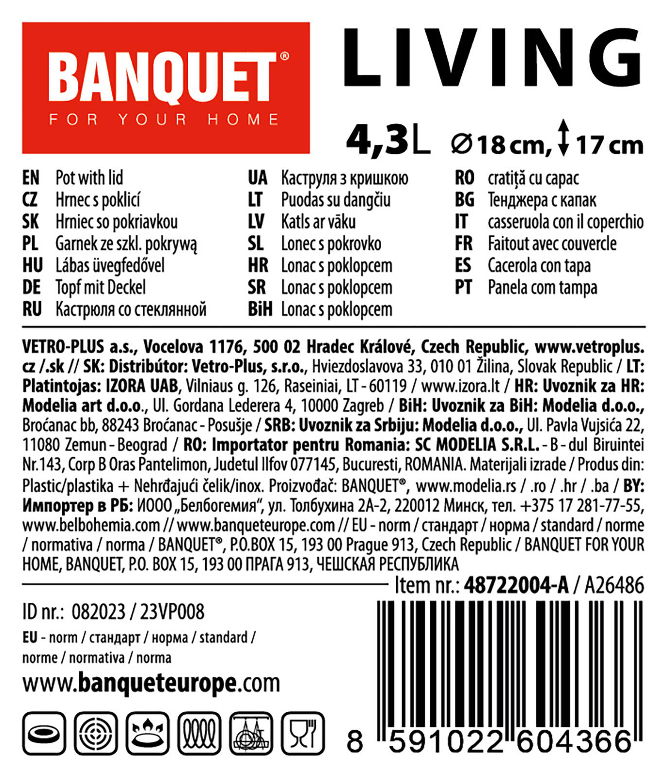 hrnec 18cm se skl.poklicí 4,3l nerez LIVING