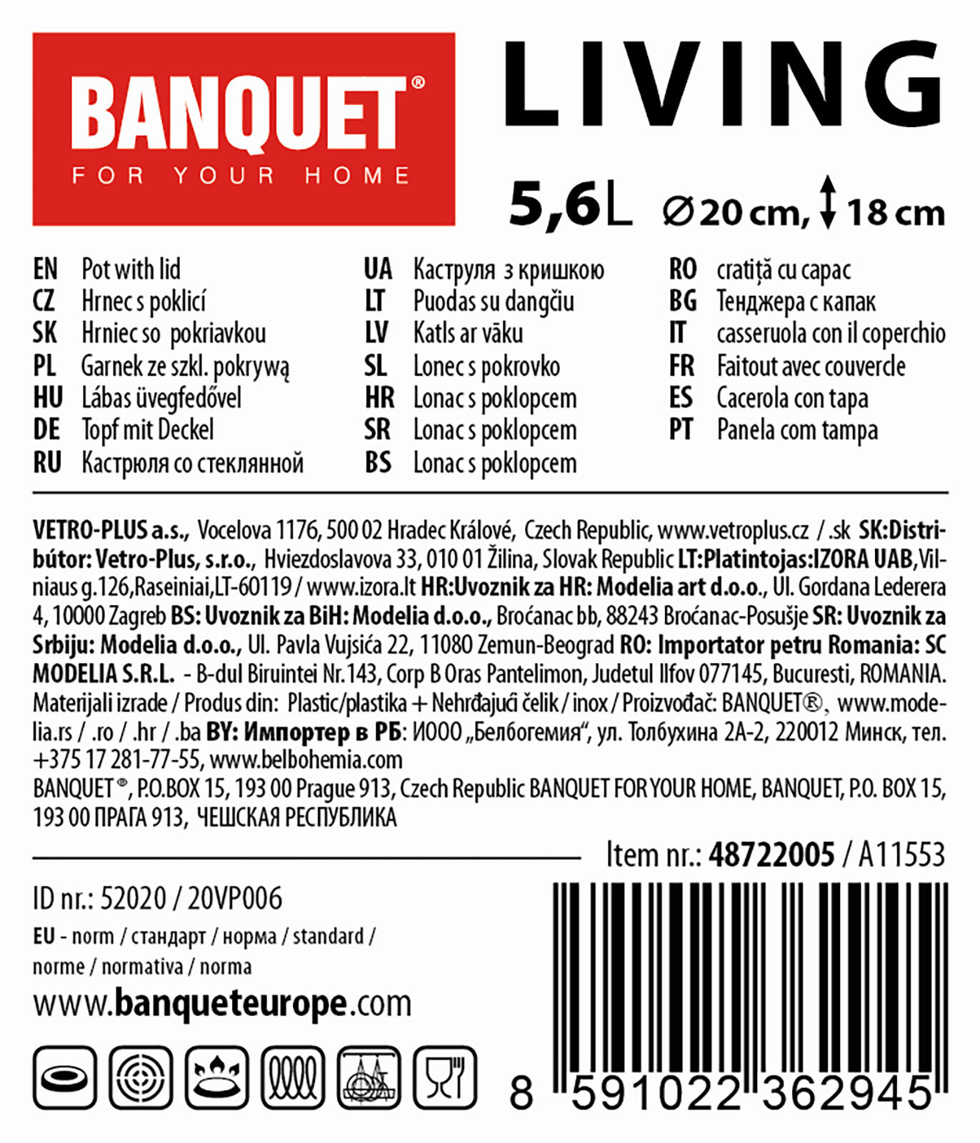 hrnec 20cm se skl.poklicí 5,6l nerez LIVING 1.26 Kg MTA MAXMIX Sklad14 368895