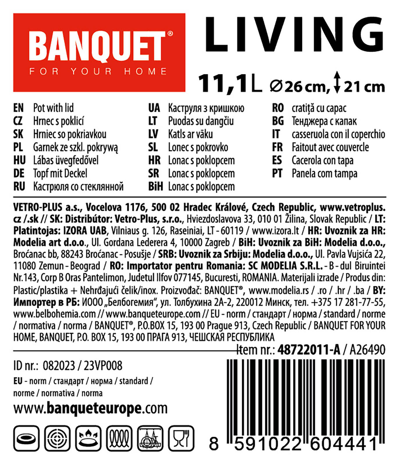 hrnec 26cm se skl.poklicí 11,1l nerez LIVING