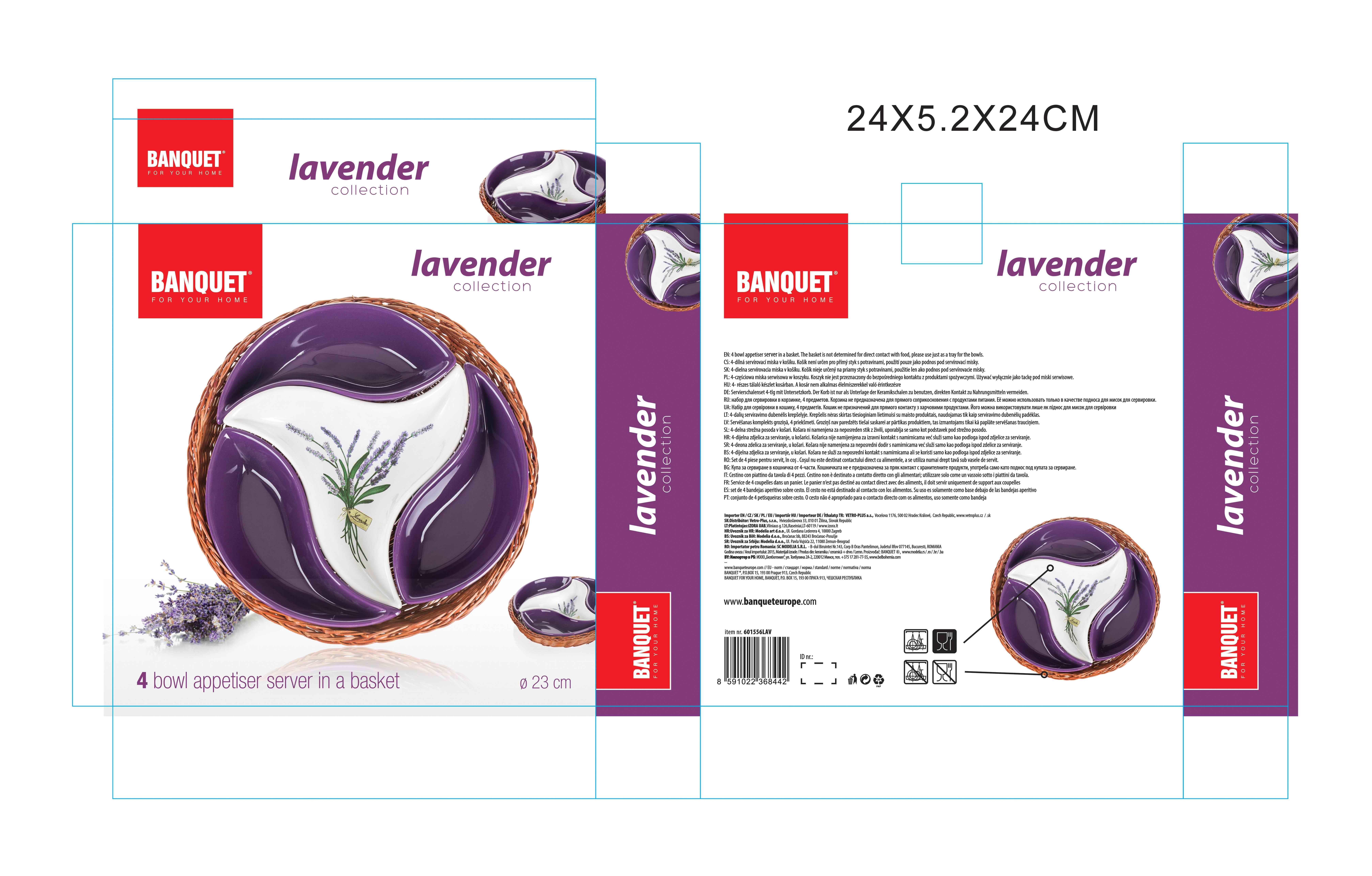 miska sada 4díl. pr.23cm LAVENDER, v košíku, keramika/proutí