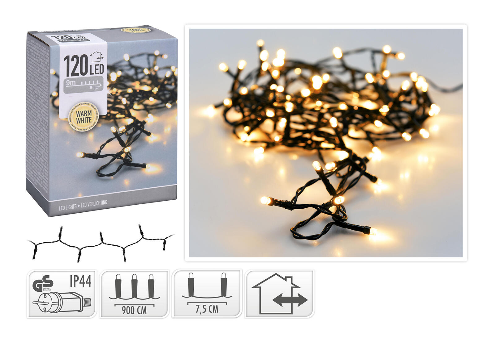 osvětlení vánoční  9m 120LED teplá BÍ, IP44 0.34 Kg MTA MAXMIX Sklad14 385436 8719202259117