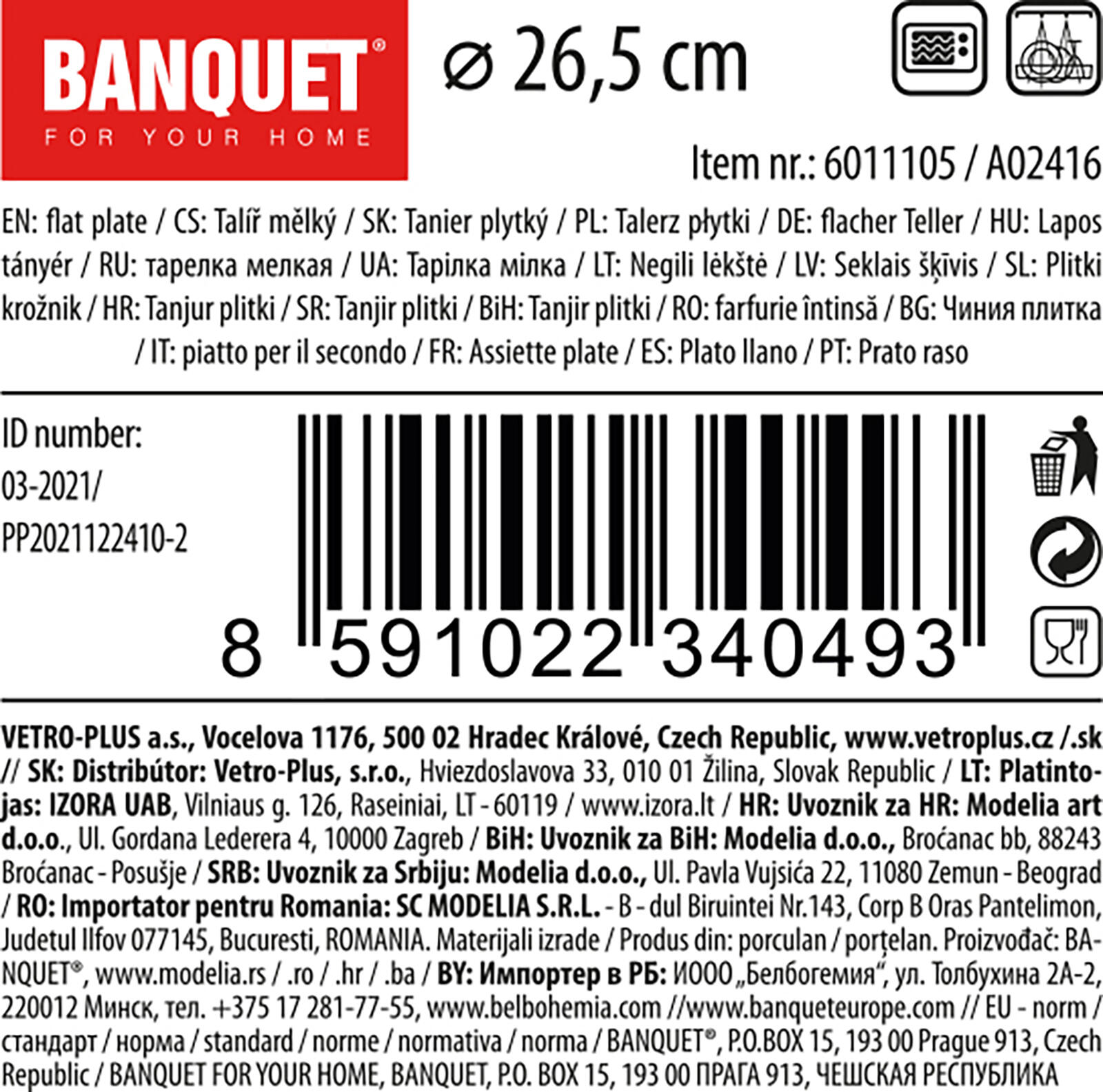 talíř mělký 26,5cm porcelánový BÍ 0.64 Kg MTA MAXMIX Sklad14 369316