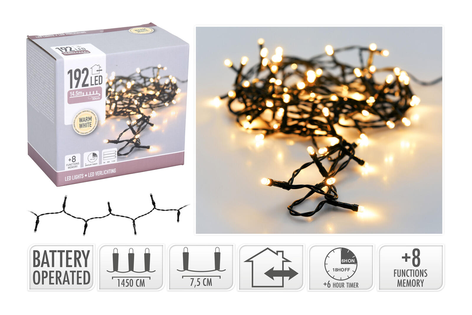 osvětlení vánoční 15m 192LED teplá BÍ, 8 funkcí, ZE, IP44 0.24 Kg MTA MAXMIX Sklad14 385777