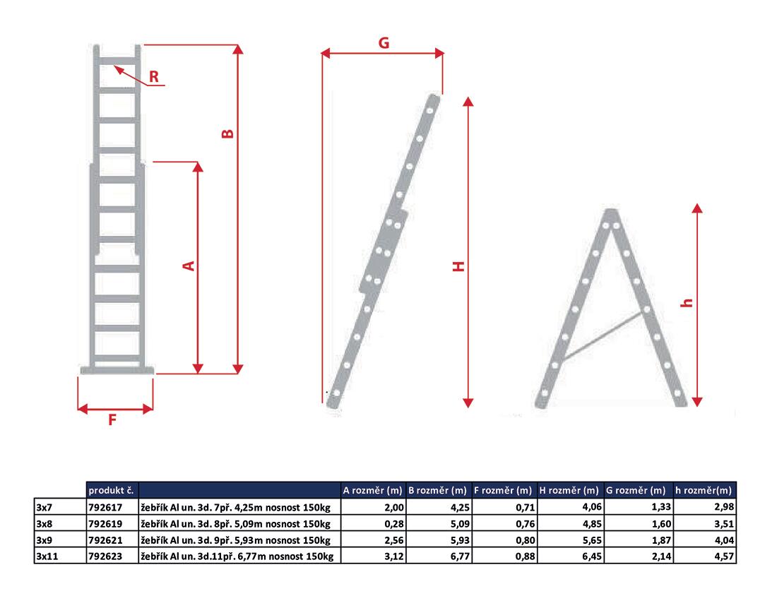 žebřík Al un. 3d. 9př. 5,93m nosnost 150kg 13.5 Kg MTA MAXMIX Sklad14 792621
