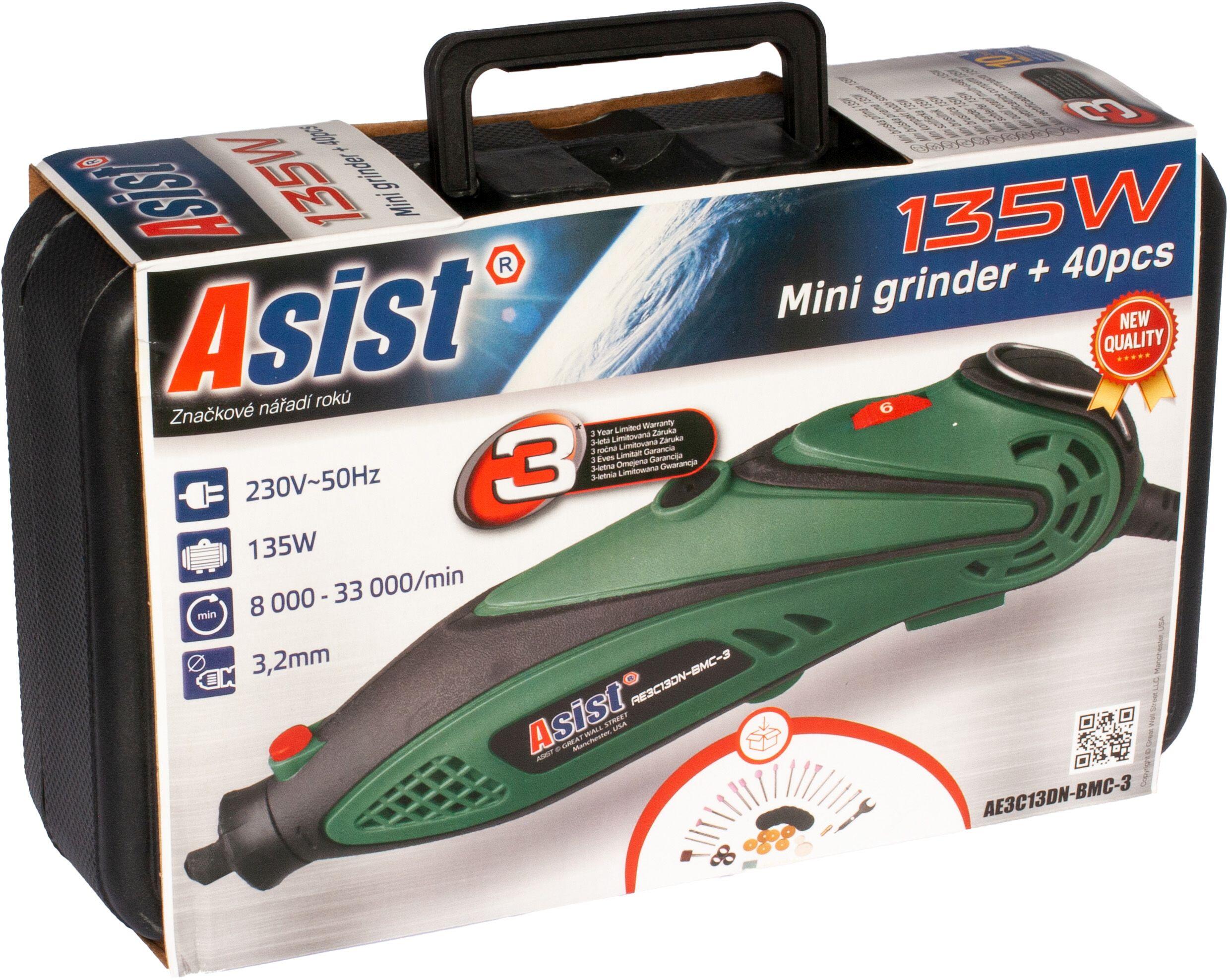 bruska mini přímá 135W v kufru, příslušenství 40díl. ASIST 1.28 Kg MTA MAXMIX Sklad14 723580