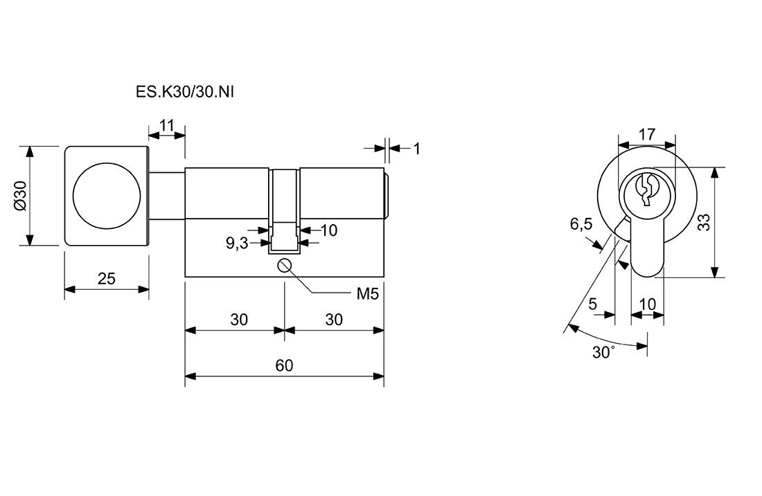 vložka cylindrická K30+30 s knoflíkem 6kl. Ni, 3.třída bezp.RICHTER 0.41 Kg MTA MAXMIX Sklad14 495124
