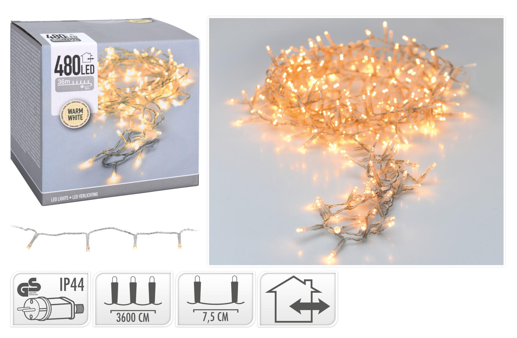osvětlení vánoční 36m 480LED teplá BÍ, TRA drát 0.61 Kg MTA MAXMIX Sklad14 386580