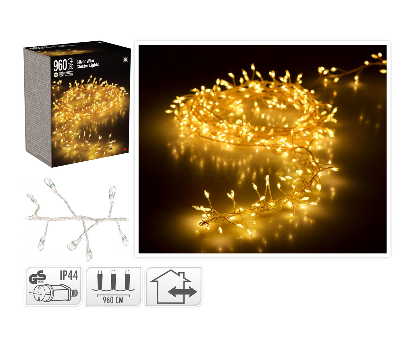 osvětlení vánoční  9,6m 960LED teplá BÍ, STŘ drát 0.27 Kg MTA MAXMIX Sklad14 386585 8719202318715