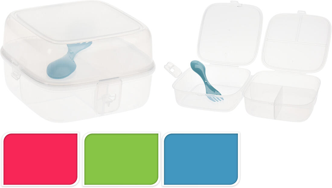 box svačinový 15,5x15x9,5cm s klick uz.,dělený+příbor PH TRA/mix barev 0.19 Kg MTA MAXMIX Sklad14 386670