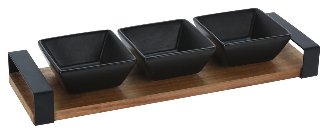 miska servírovací sada 4díl.(1xakacia/kov tác 32x10cm+3xmiska keram.8x8x3,5cm ČER) 0.7 Kg MAXMIX Sklad14 386728