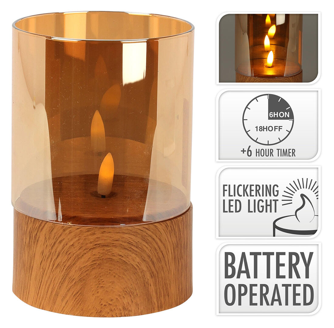 svíčka LED pr.10x15cm PH/ sklo, blikající plamen, časovač, IMITACE DŘEVA/JANTAR.SKLO 0.01 Kg MTA MAXMIX Sklad14 386771