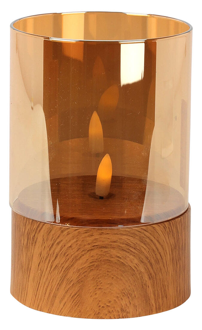 svíčka LED pr.10x15cm PH/ sklo, blikající plamen, časovač, IMITACE DŘEVA/JANTAR.SKLO 0.01 Kg MTA MAXMIX Sklad14 386771