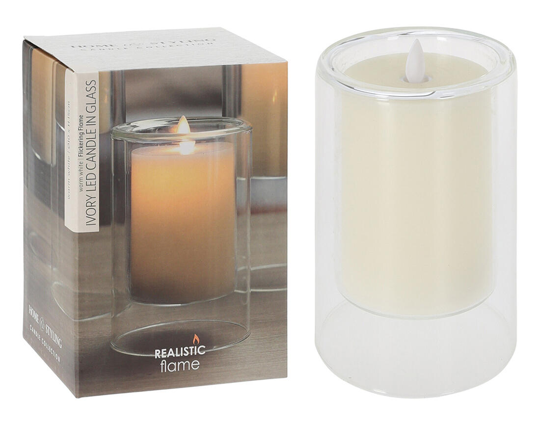 svíčka LED pr.10x15cm, blikající plamen, ve skle, IVORY 0.46 Kg MTA MAXMIX Sklad14 386805