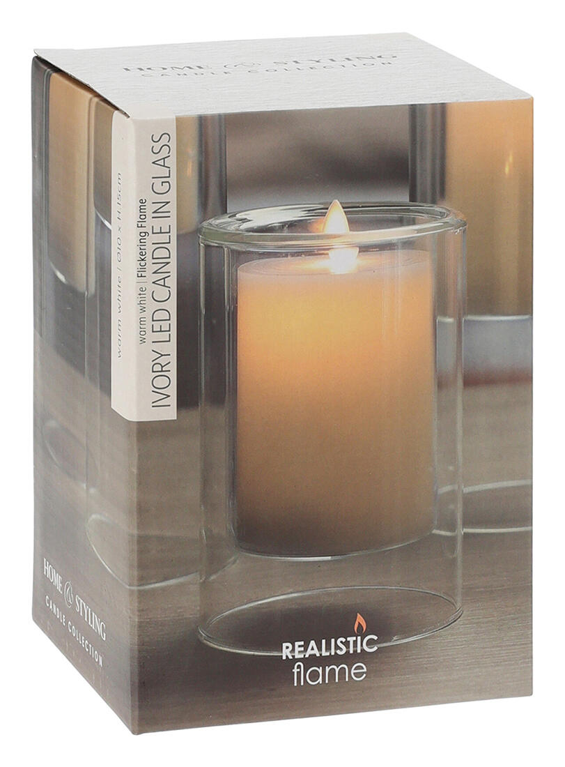 svíčka LED pr.10x15cm, blikající plamen, ve skle, IVORY 0.46 Kg MTA MAXMIX Sklad14 386805