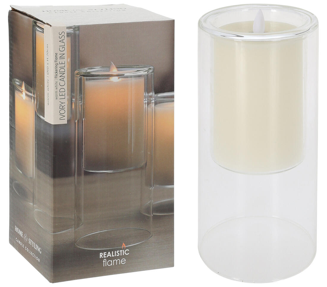 svíčka LED pr.10x20cm, blikající plamen, ve skle, IVORY 0.58 Kg MTA MAXMIX Sklad14 386806