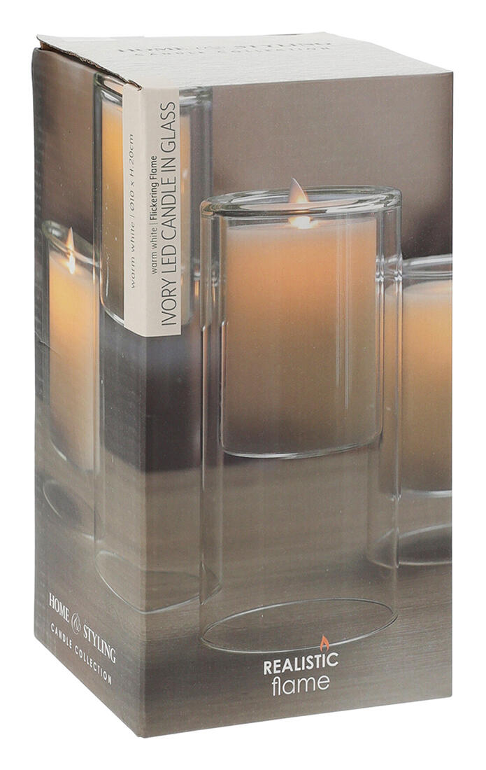 svíčka LED pr.10x20cm, blikající plamen, ve skle, IVORY 0.58 Kg MTA MAXMIX Sklad14 386806