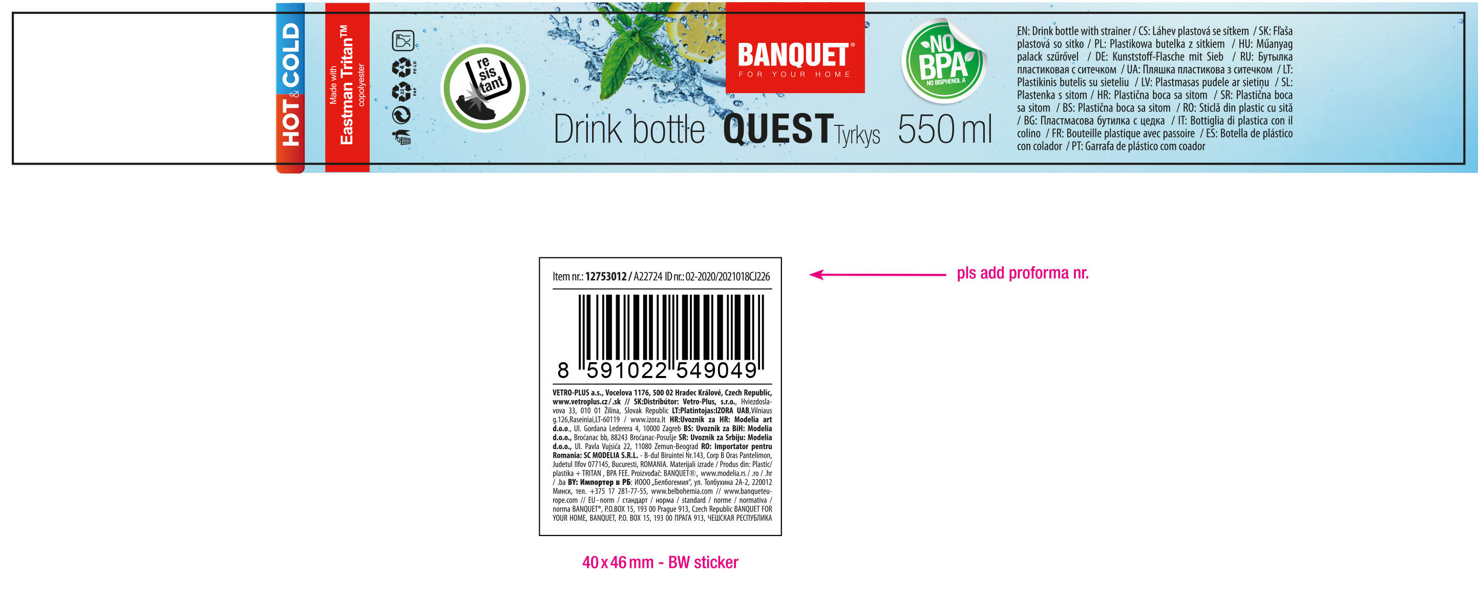 láhev na pití 550ml QUEST tritan TYRK 0.11 Kg MTA MAXMIX Sklad14 370040