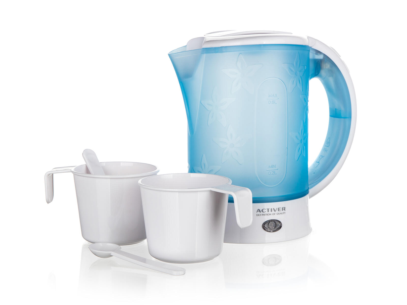 konvice rychlovarná CESTOVNÍ 0,6l (2x šálek+lžička) MO-BÍ 550-650W 0.45 Kg MTA MAXMIX Sklad14 370609