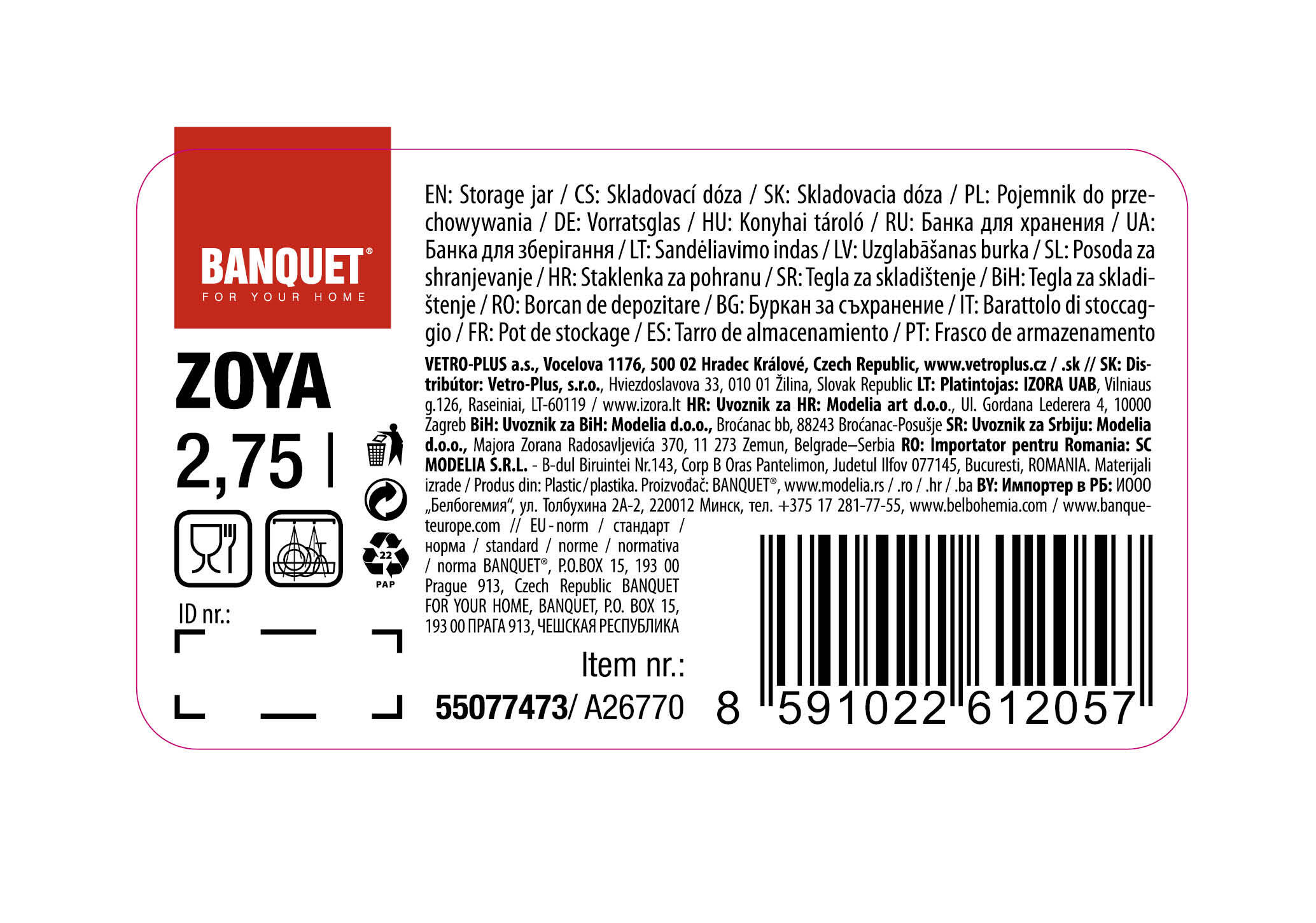 dóza s uchem 2,75l ZOYA PH