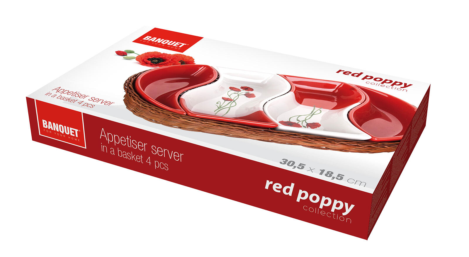 miska sada 4díl. 30,5x18,5cm RED POPPY, v košíku, keramika/proutí 1.21 Kg MTA MAXMIX Sklad14 267231