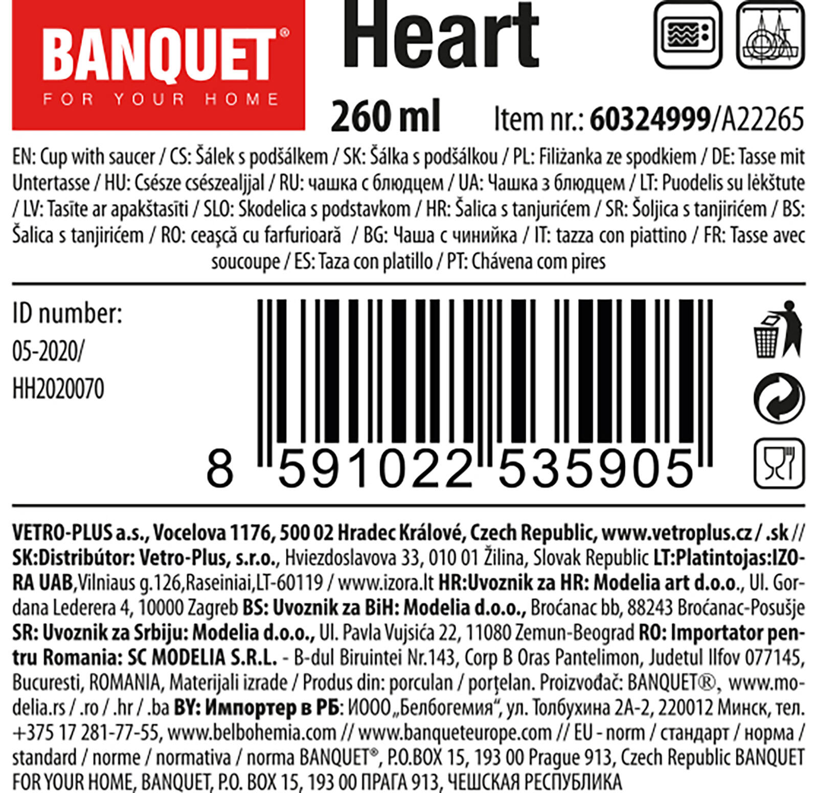 šálek + podšálek 260ml HEART BORDO keramický 0.46 Kg MTA MAXMIX Sklad14 267234