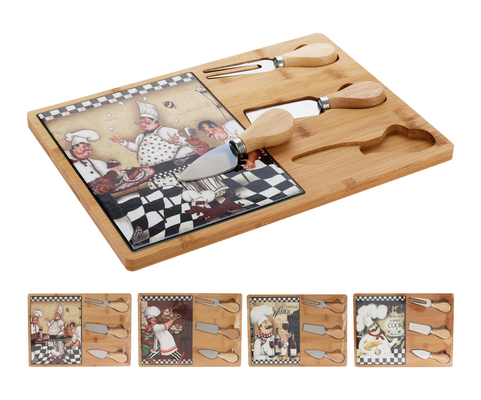 prkénko na sýr 30,5x21,5x1,2cm,2xnůž,1xvidlička,bambus/keramika,mix dekorů