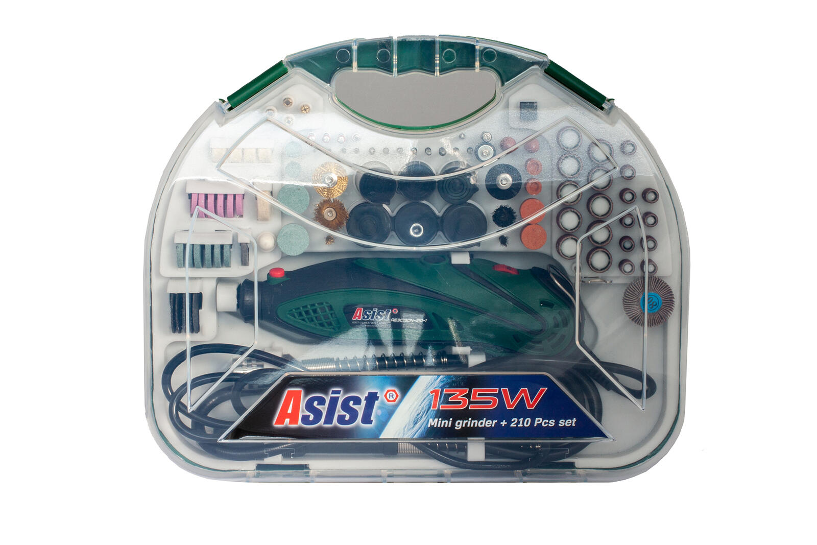 bruska mini přímá 135W v kufru, příslušenstvím 210díl. ASIST 1.6 Kg MTA MAXMIX Sklad14 723584