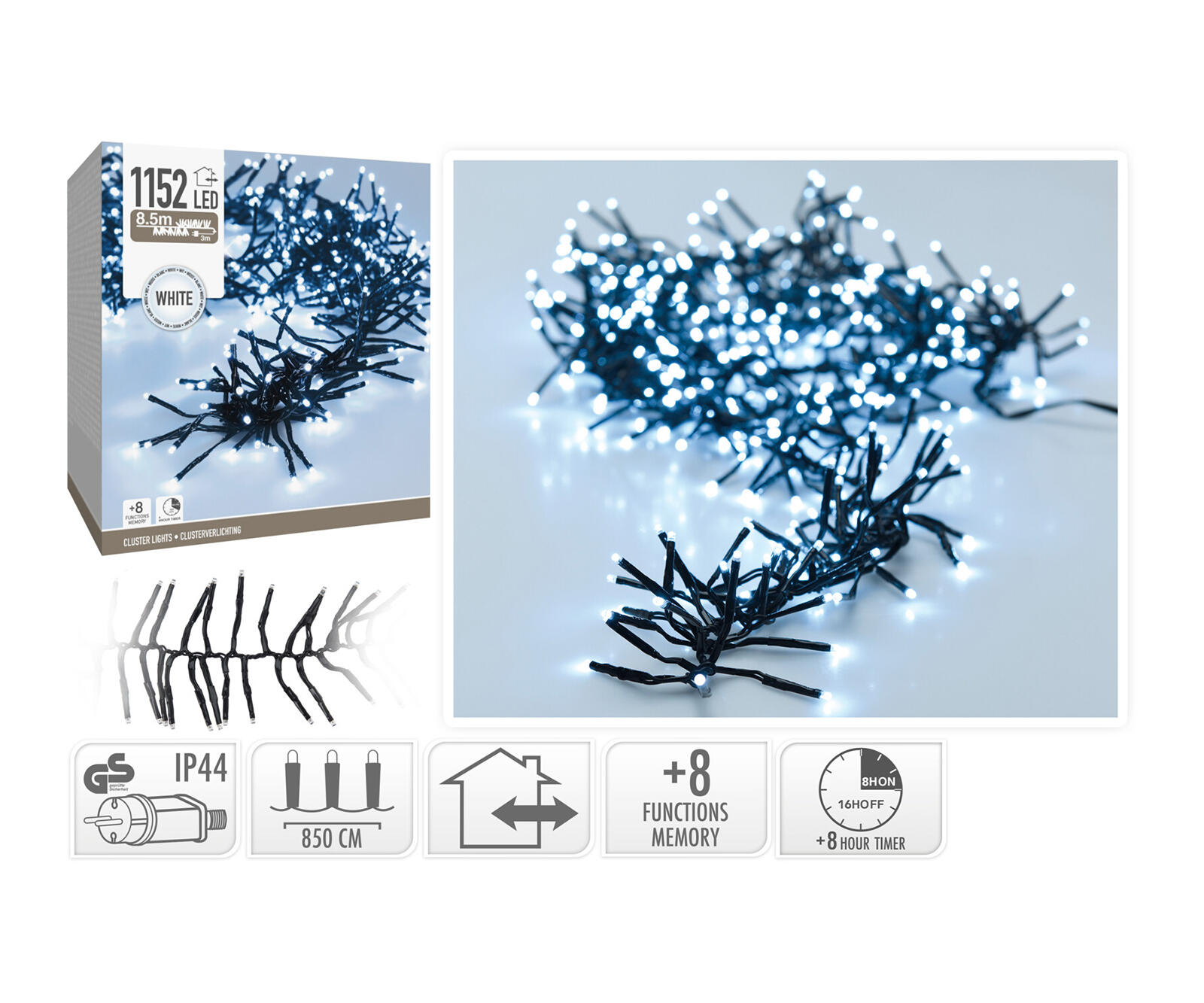 osvětlení vánoční  8,5m 1152LED studená BÍ 8 funkcí s časovačem 0.86 Kg MTA MAXMIX Sklad14 387334