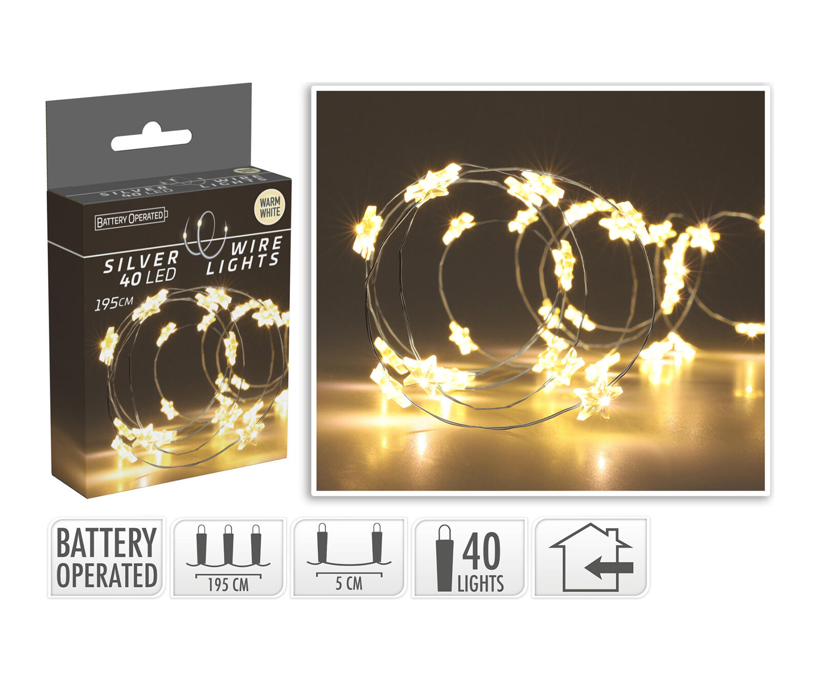osvětlení vánoční  1,95m 40LED teplá BÍ, drát, HVĚZDY 0.04 Kg MTA MAXMIX Sklad14 387337 8720573667470