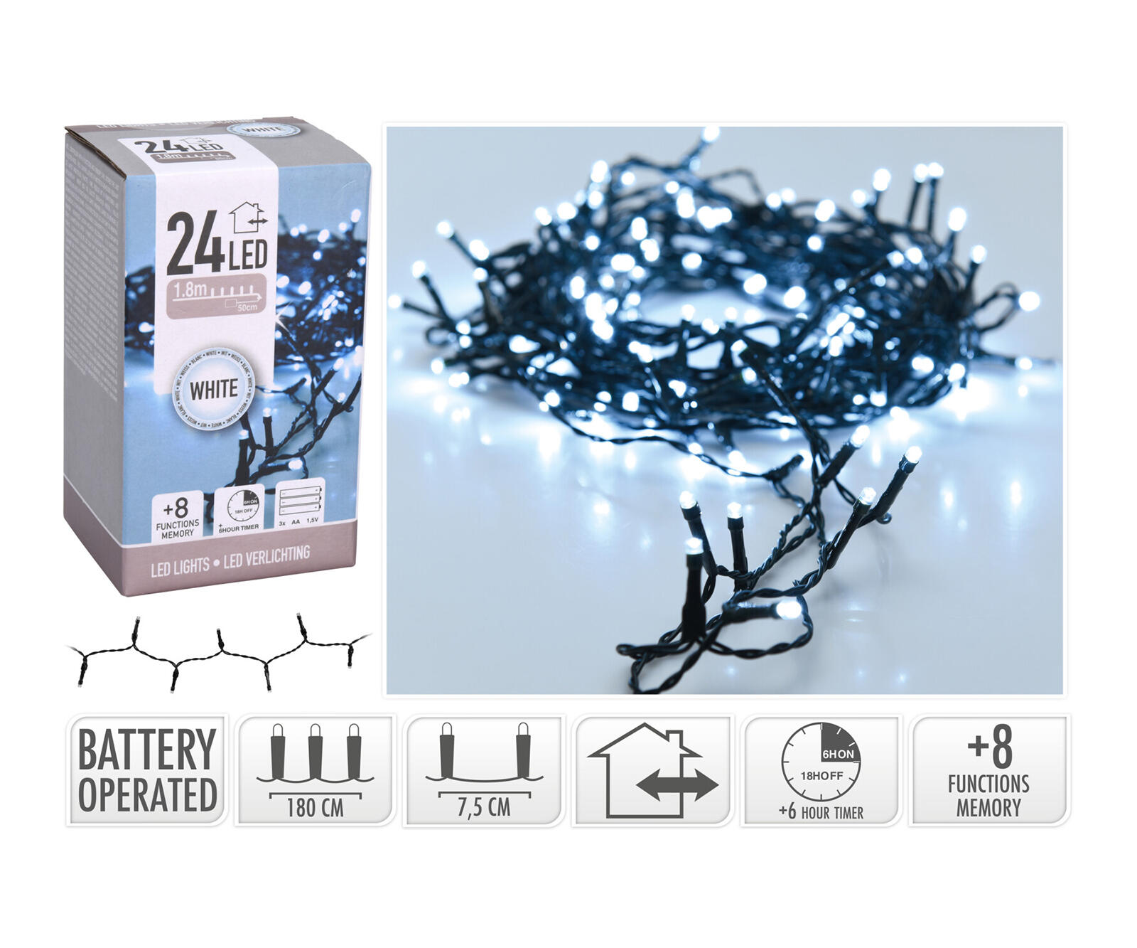 osvětlení vánoční  1,8m 24LED studená BÍ 8funkcí s časovačem 0.06 Kg MTA MAXMIX Sklad14 387338 8719202261554