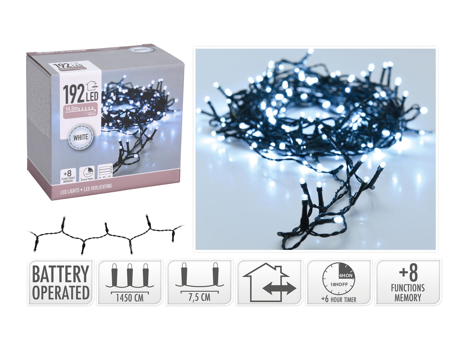 osvětlení vánoční 14,5m 192LED studená BÍ 8funkcí s časovačem 0.18 Kg MTA MAXMIX Sklad14 387341