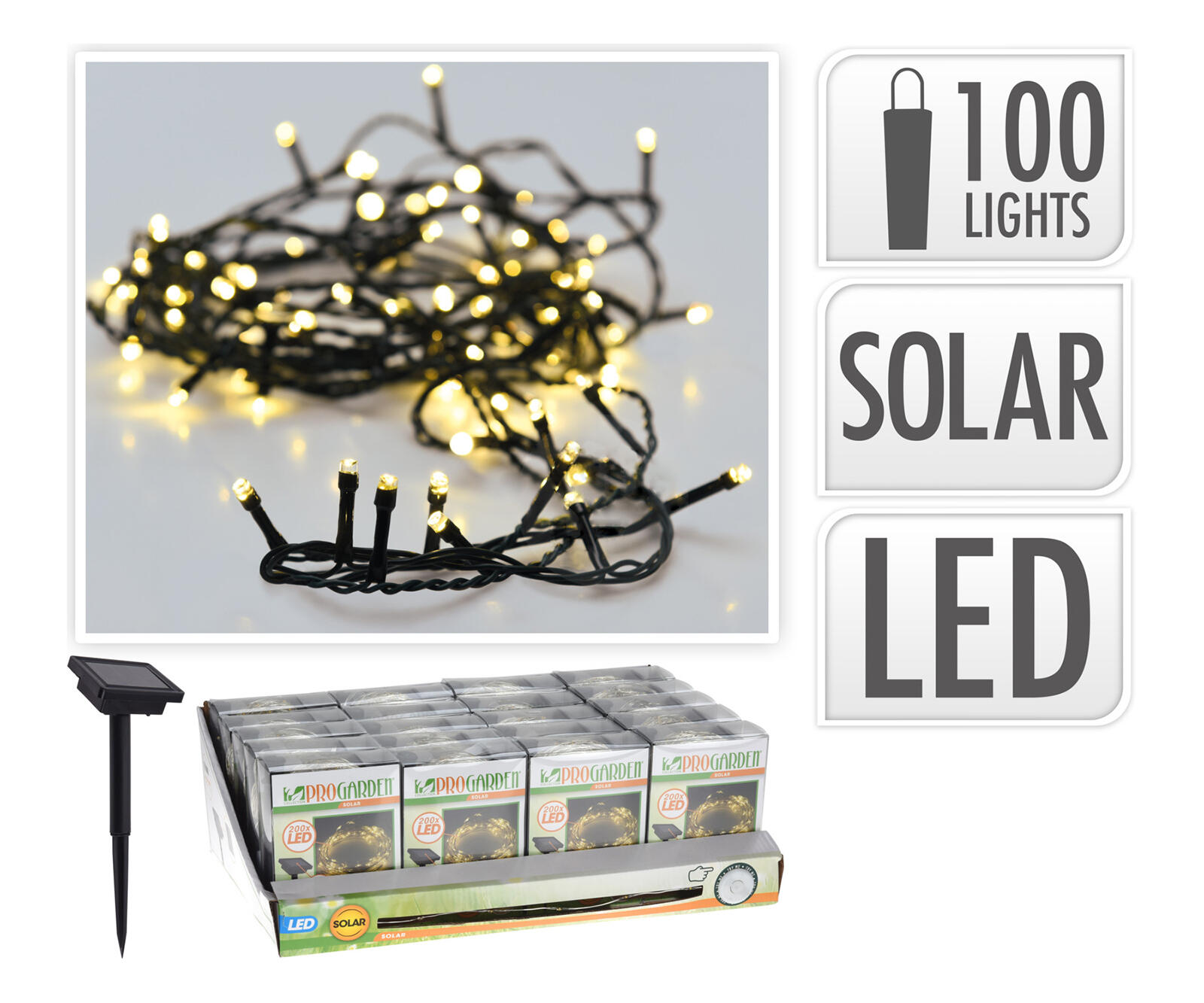 osvětlení vánoční solární  2m 100LED teplá BÍ, drát 0.19 Kg MTA MAXMIX Sklad14 387364