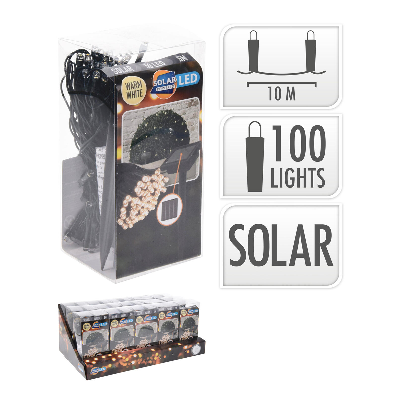 osvětlení vánoční solární  2m 100LED teplá BÍ, drát 0.19 Kg MTA MAXMIX Sklad14 387364